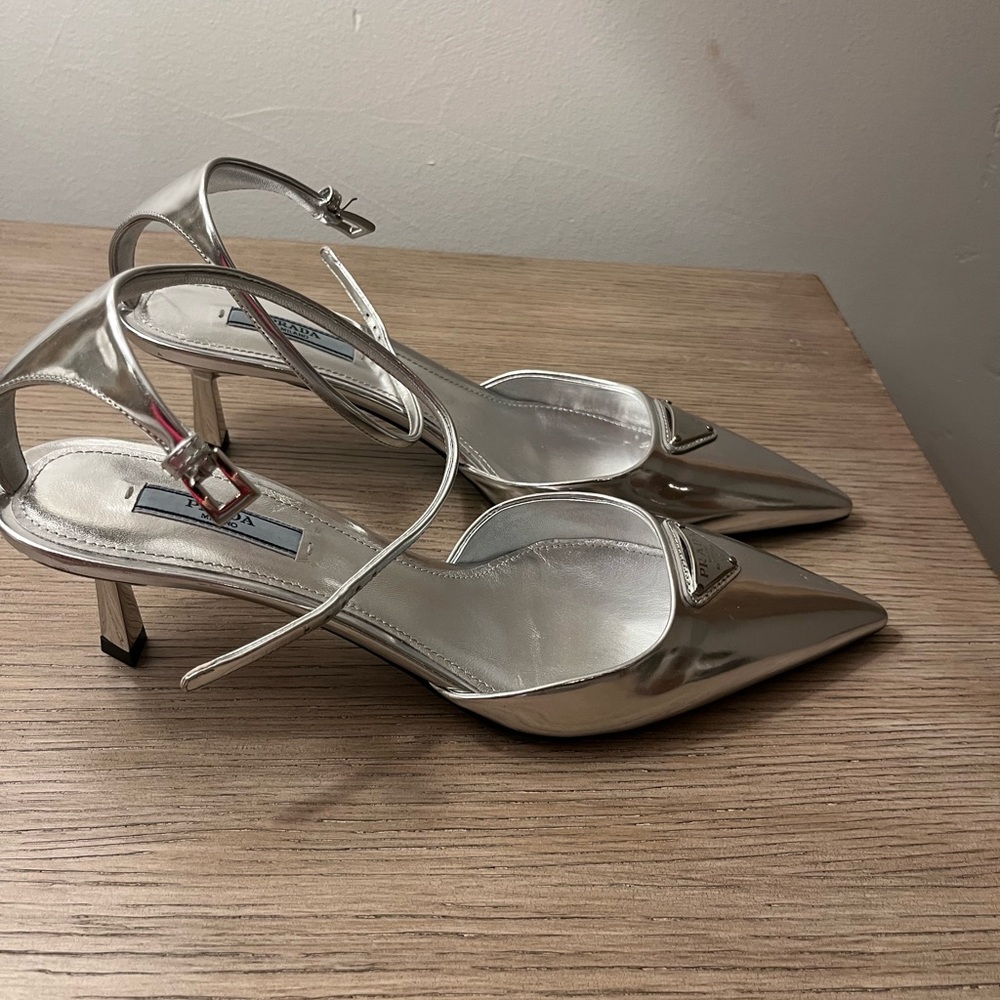 Prada Silver Pointed Toe Heels